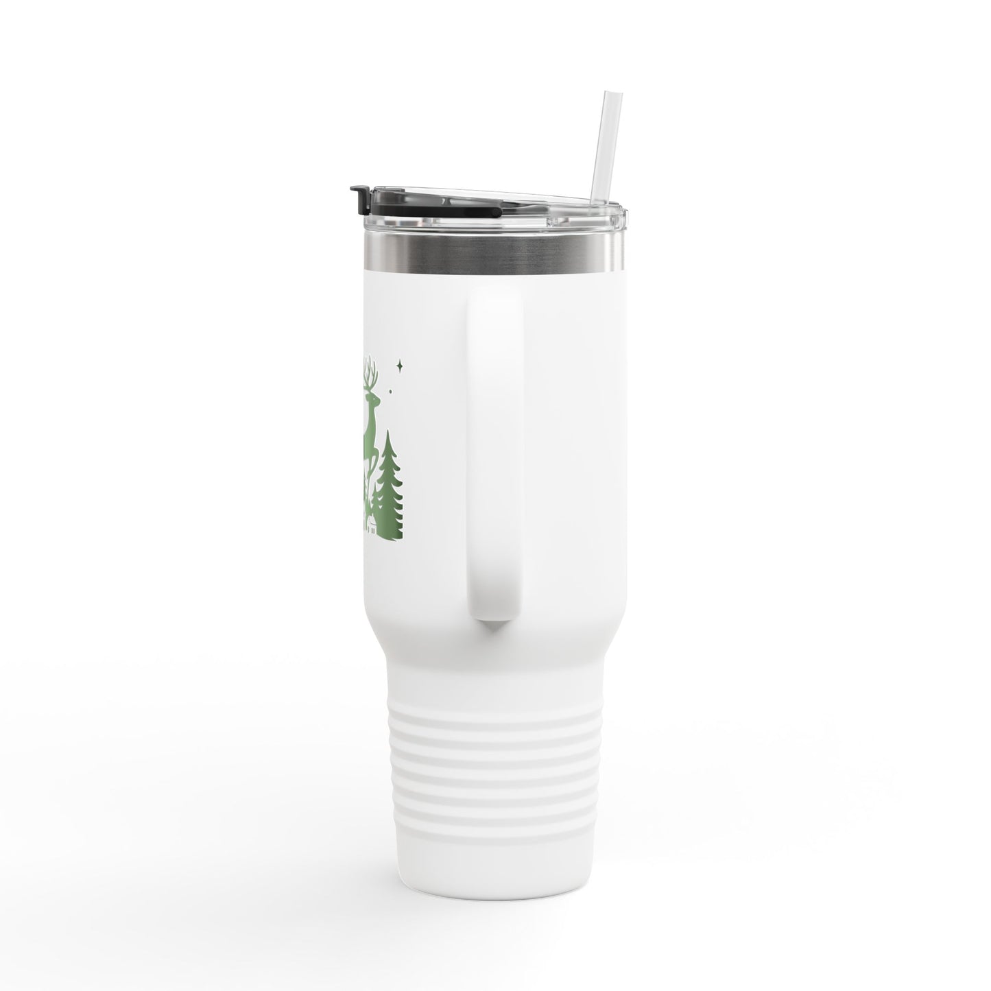 40oz Insulated Travel Mug — Green Christmas Reindeer Cabin Design