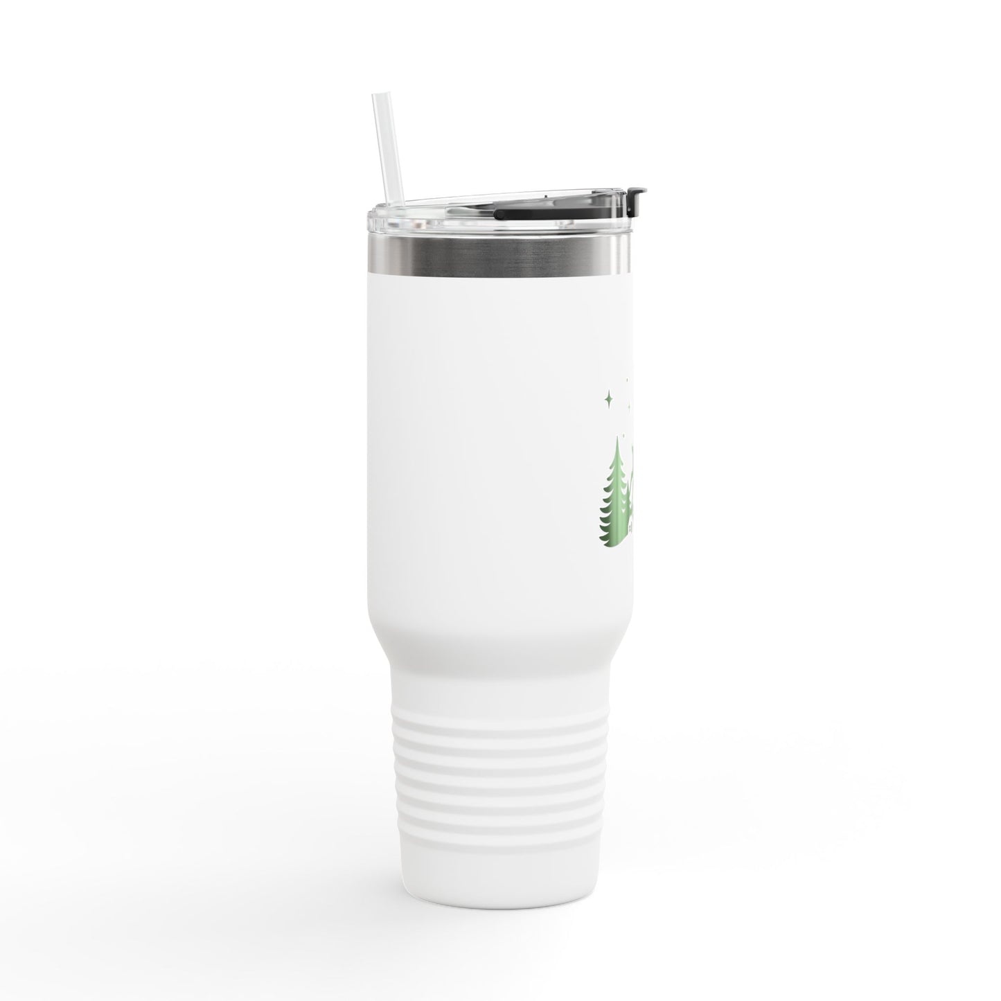 40oz Insulated Travel Mug — Green Christmas Reindeer Cabin Design