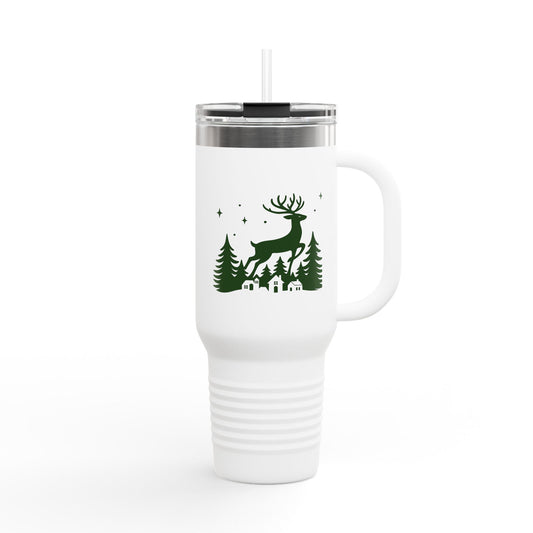 40oz Insulated Travel Mug — Green Christmas Reindeer Cabin Design