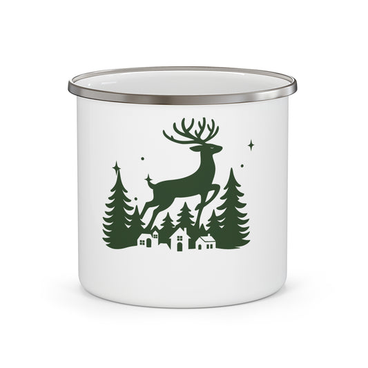 Enamel Mug — Forest Reindeer Camping Cup (Christmas Cabin Outdoor Travel Mug)
