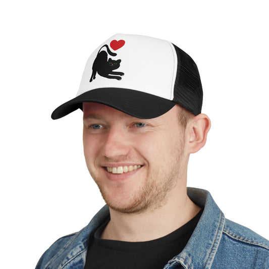 Black Cat Love Mesh Cap, Cat Lover Hat, Trucker Cap, Pet Owner Gift, Animal Charm Headwear